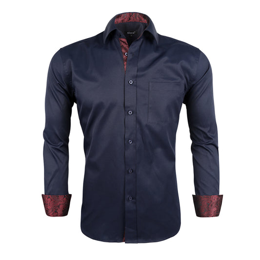 Men's Business Slim Fit Dress Shirt Long Sleeve Patchwork Button-Down Shirt, 004-Navy+Maroon