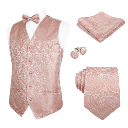 Men's 5pcs Paisley Suit Vest Classic Jacquard Button-Down Waistcoat Set, 185-Blush Pink