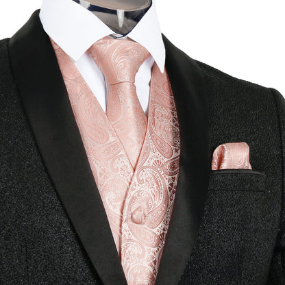 Men's 5pcs Paisley Suit Vest Classic Jacquard Button-Down Waistcoat Set, 185-Blush Pink