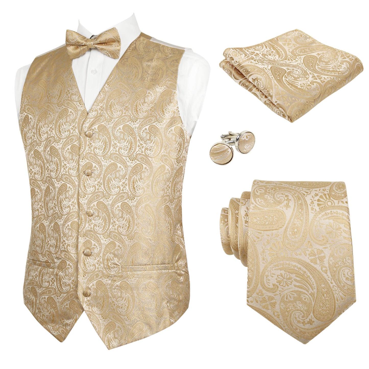 Men's 5pcs Paisley Suit Vest Classic Jacquard Button-Down Waistcoat Set, 185-Champagne