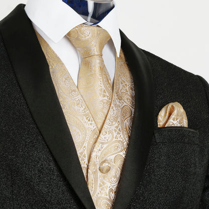 Men's 5pcs Paisley Suit Vest Classic Jacquard Button-Down Waistcoat Set, 185-Champagne