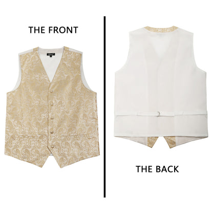 Men's 5pcs Paisley Suit Vest Classic Jacquard Button-Down Waistcoat Set, 185-Champagne
