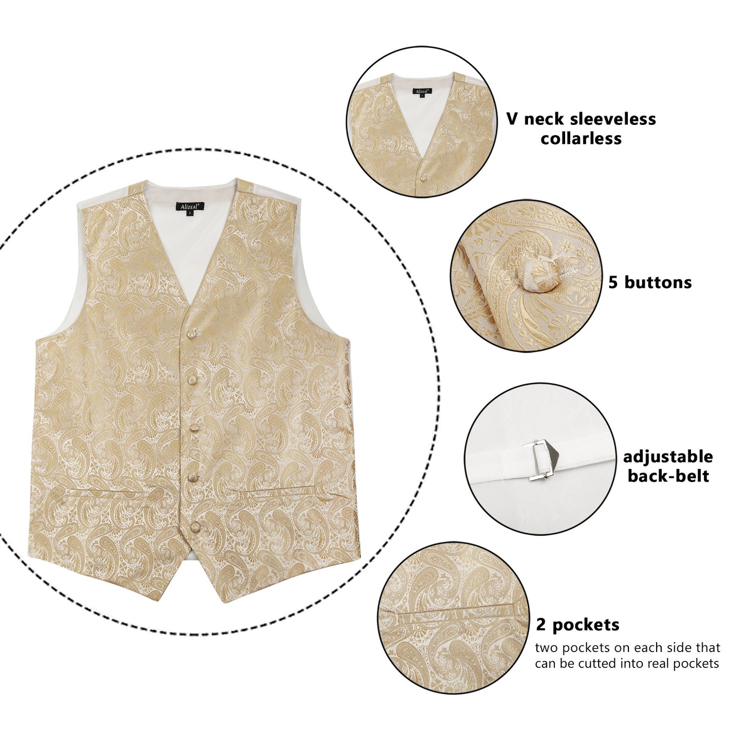 Men's 5pcs Paisley Suit Vest Classic Jacquard Button-Down Waistcoat Set, 185-Champagne