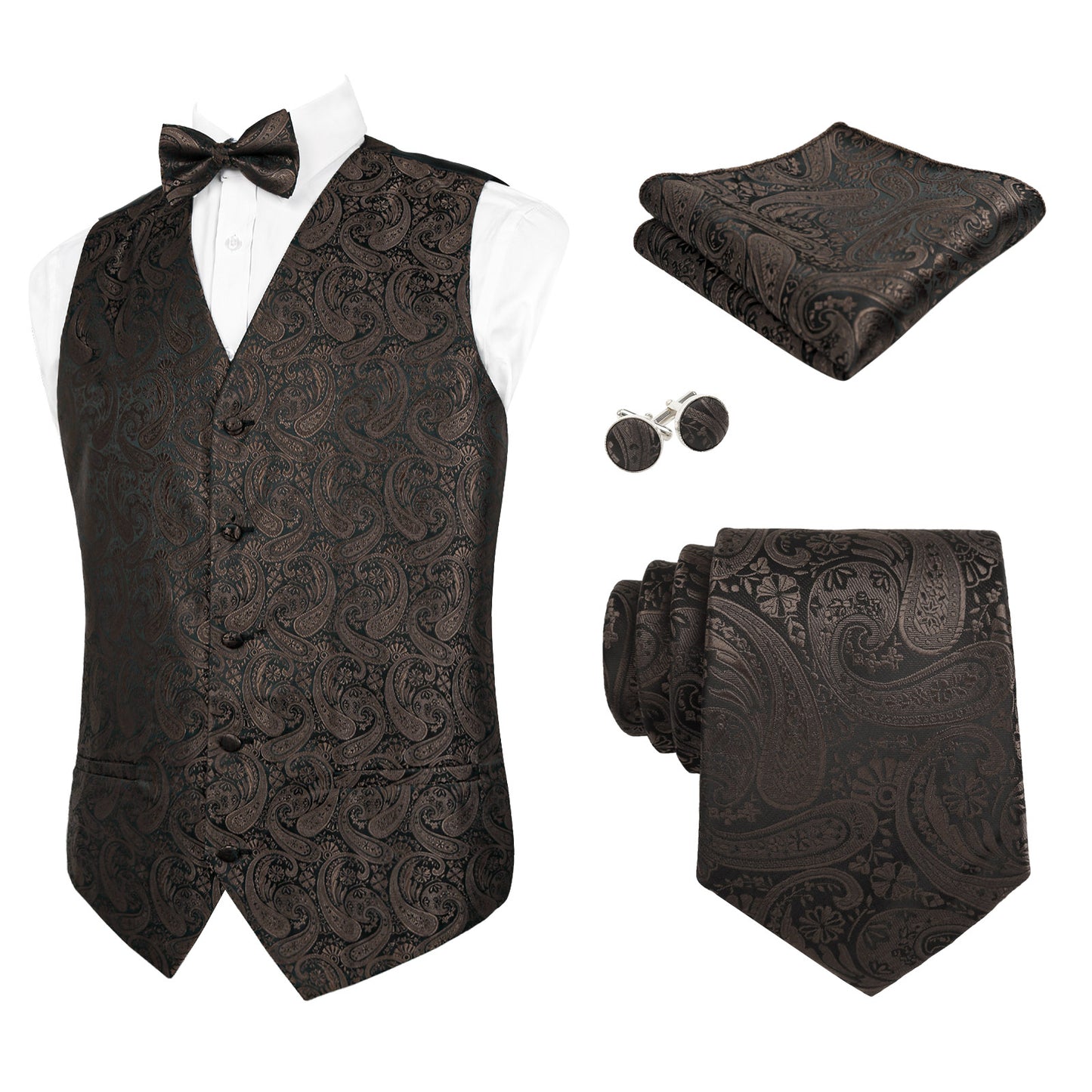 Men's 5pcs Paisley Suit Vest Classic Jacquard Button-Down Waistcoat Set, 185-Coffee