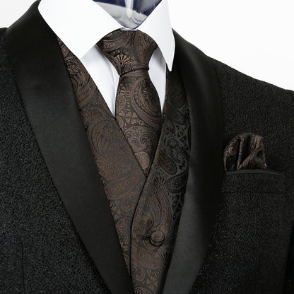 Men's 5pcs Paisley Suit Vest Classic Jacquard Button-Down Waistcoat Set, 185-Coffee