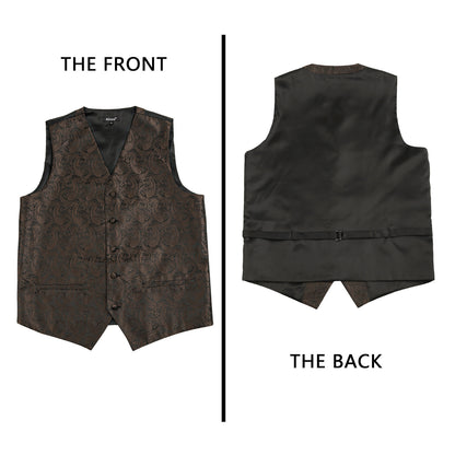 Men's 5pcs Paisley Suit Vest Classic Jacquard Button-Down Waistcoat Set, 185-Coffee