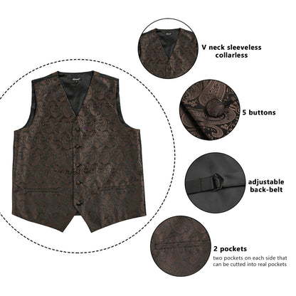 Men's 5pcs Paisley Suit Vest Classic Jacquard Button-Down Waistcoat Set, 185-Coffee