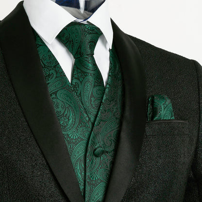 Men's 5pcs Paisley Suit Vest Classic Jacquard Button-Down Waistcoat Set, 185-Dark Green