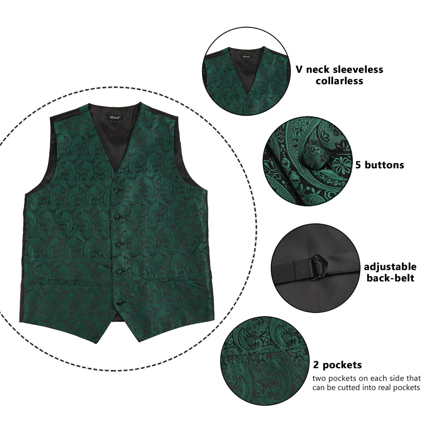 Men's 5pcs Paisley Suit Vest Classic Jacquard Button-Down Waistcoat Set, 185-Dark Green
