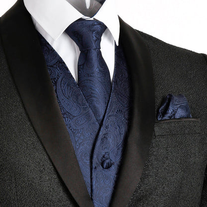 Men's 5pcs Paisley Suit Vest Classic Jacquard Button-Down Waistcoat Set, 185-Dark Navy