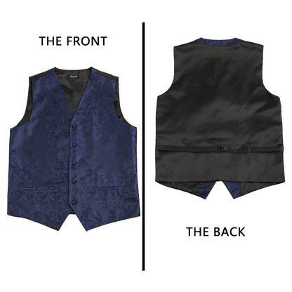 Men's 5pcs Paisley Suit Vest Classic Jacquard Button-Down Waistcoat Set, 185-Dark Navy