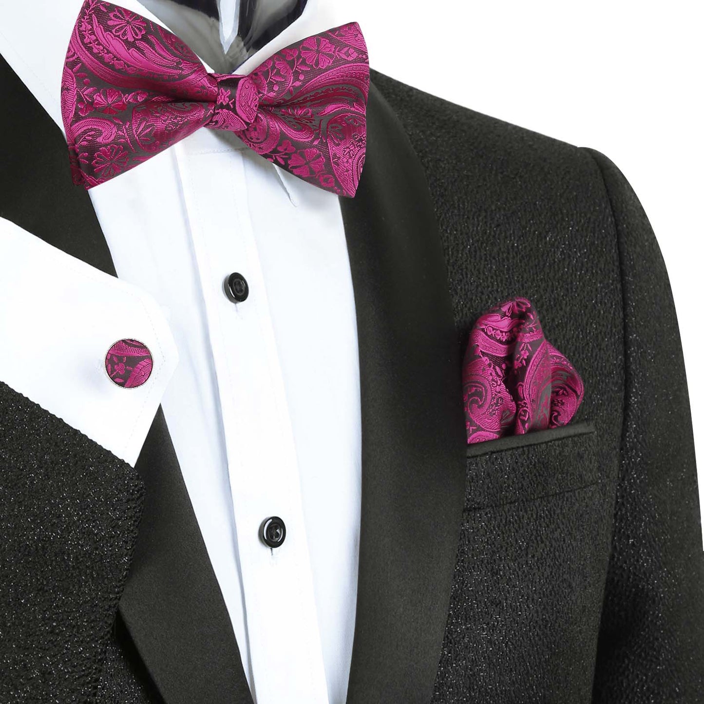 Men's 5pcs Paisley Suit Vest Classic Jacquard Button-Down Waistcoat Set, 185-Hot Pink