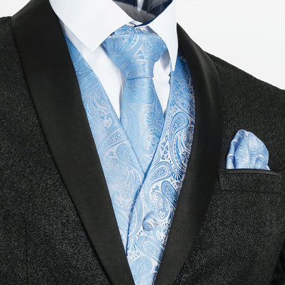 Men's 5pcs Paisley Suit Vest Classic Jacquard Button-Down Waistcoat Set, 185-Light Blue