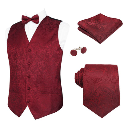 Men's 5pcs Paisley Suit Vest Classic Jacquard Button-Down Waistcoat Set, 185-Maroon