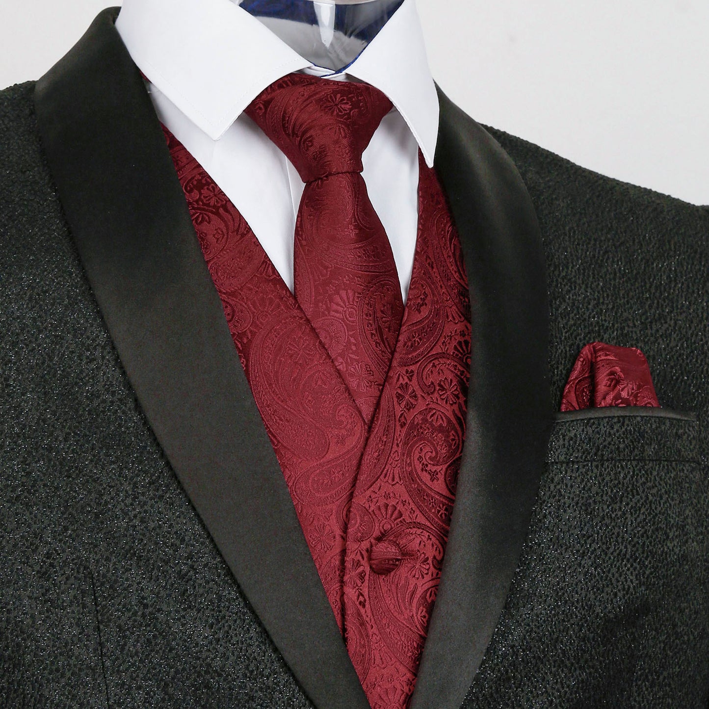 Men's 5pcs Paisley Suit Vest Classic Jacquard Button-Down Waistcoat Set, 185-Maroon