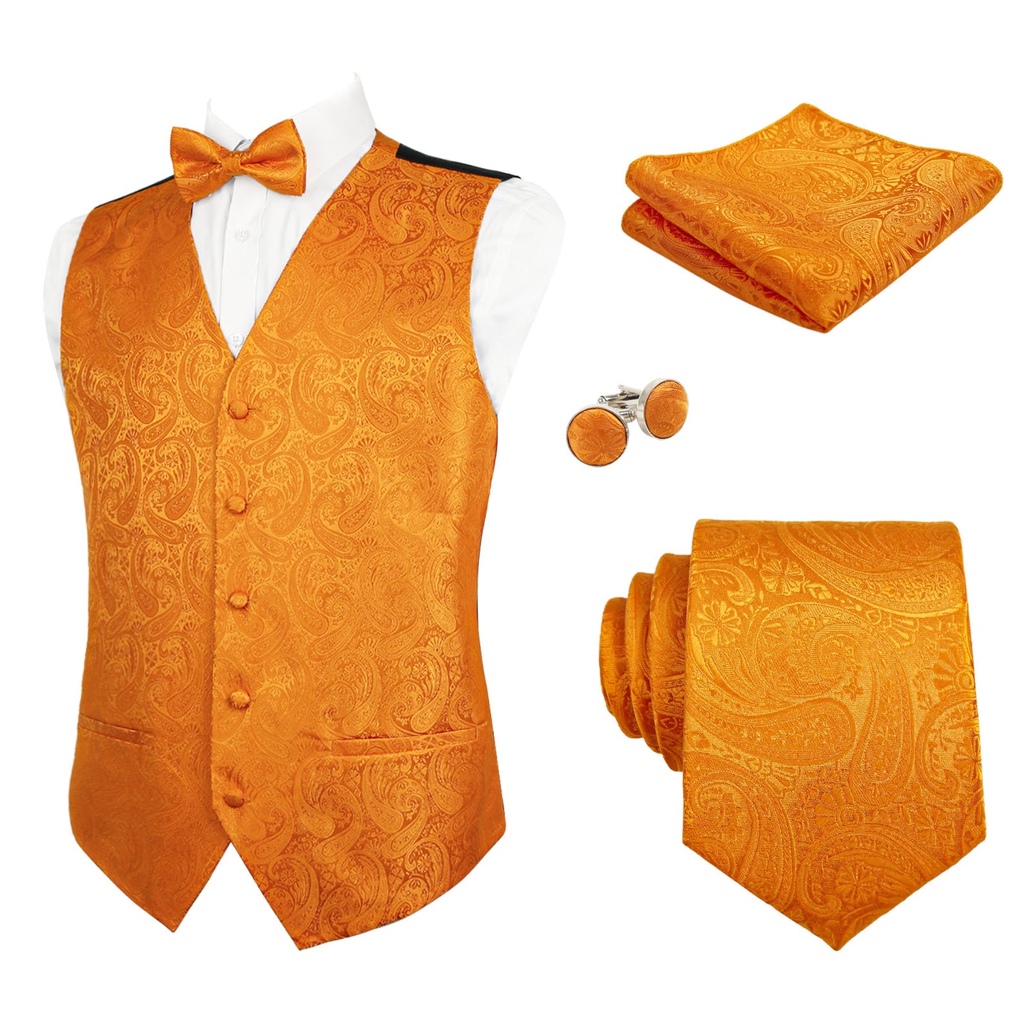 Men's 5pcs Paisley Suit Vest Classic Jacquard Button-Down Waistcoat Set, 185-Orange