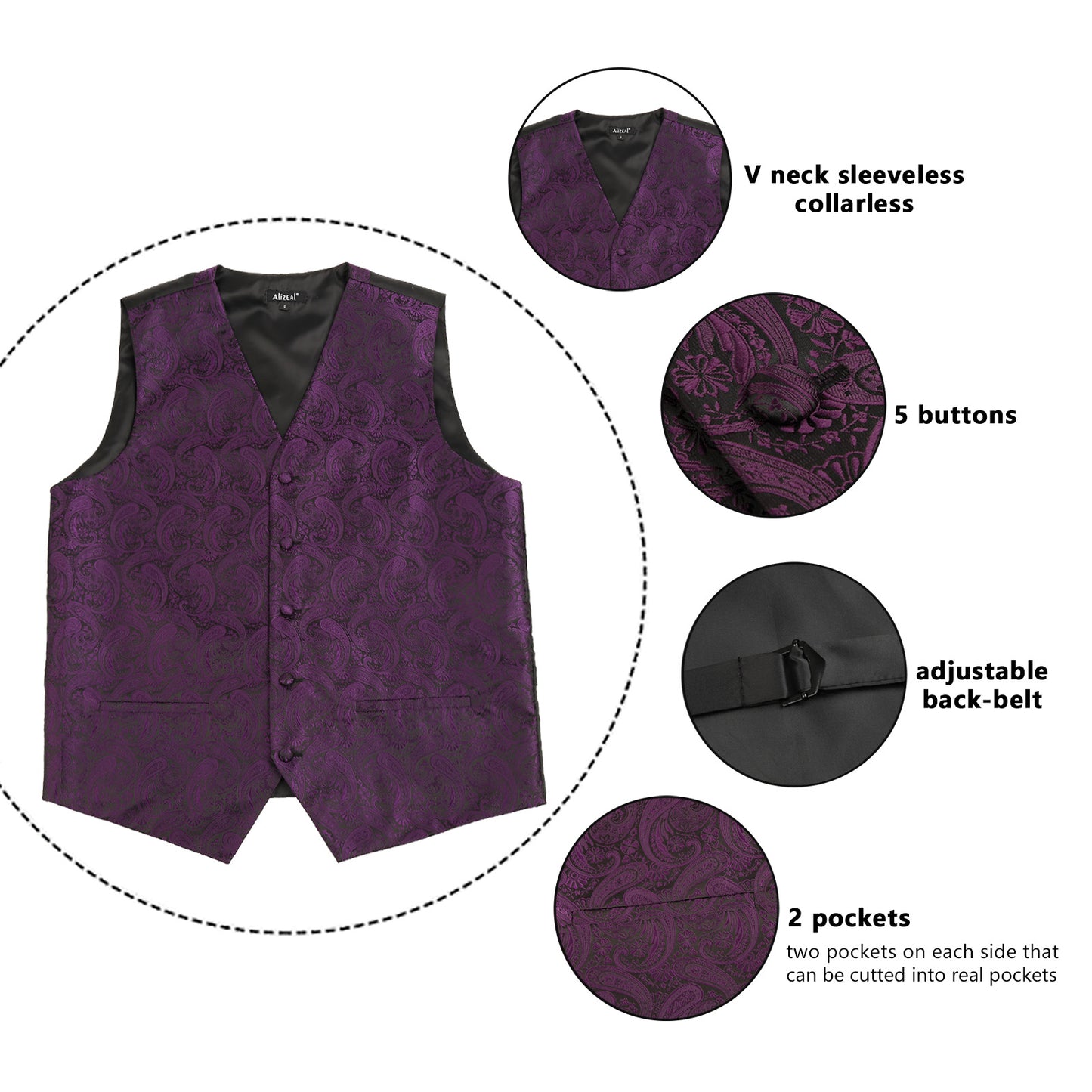 Men's 5pcs Paisley Suit Vest Classic Jacquard Button-Down Waistcoat Set, 185-Plum Purple