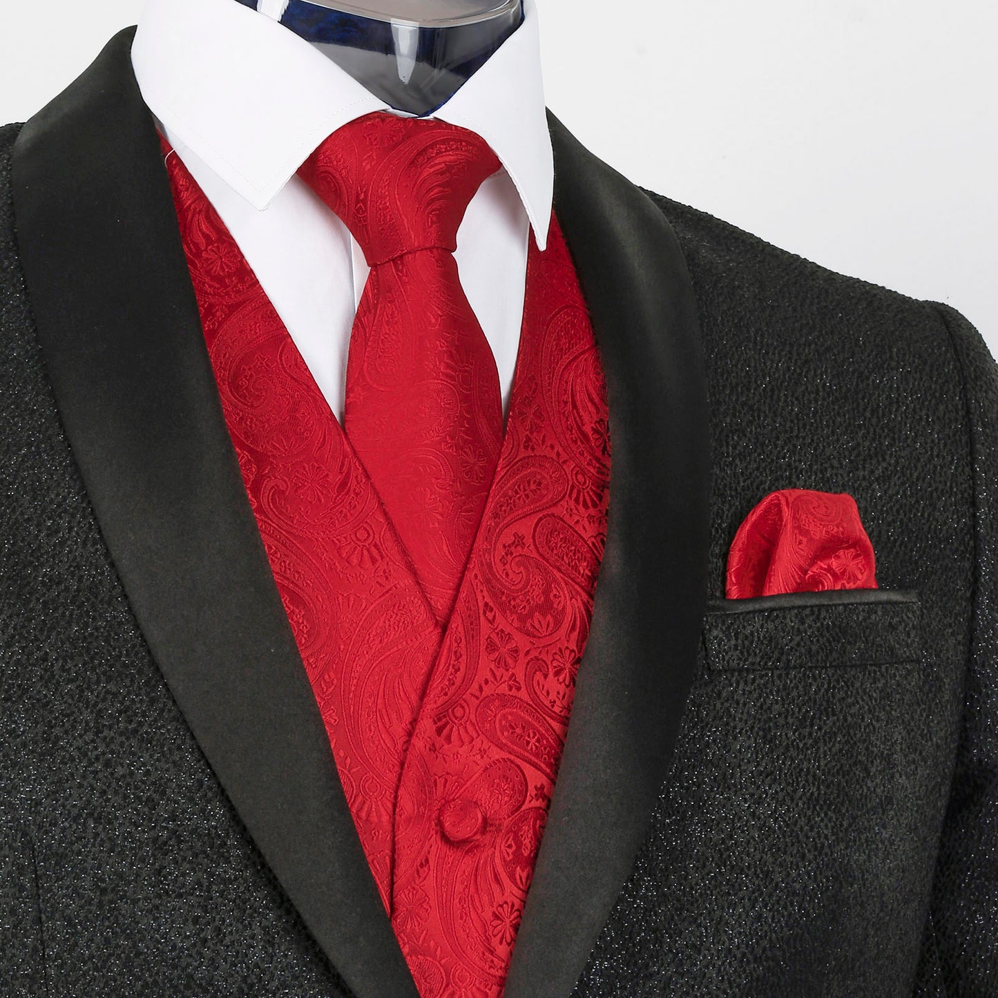 Men's 5pcs Paisley Suit Vest Classic Jacquard Button-Down Waistcoat Set, 185-Red
