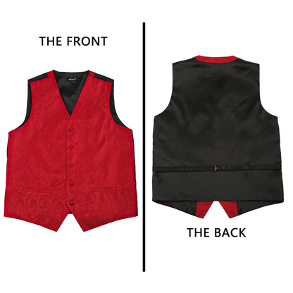 Men's 5pcs Paisley Suit Vest Classic Jacquard Button-Down Waistcoat Set, 185-Red