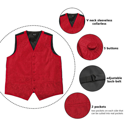 Men's 5pcs Paisley Suit Vest Classic Jacquard Button-Down Waistcoat Set, 185-Red