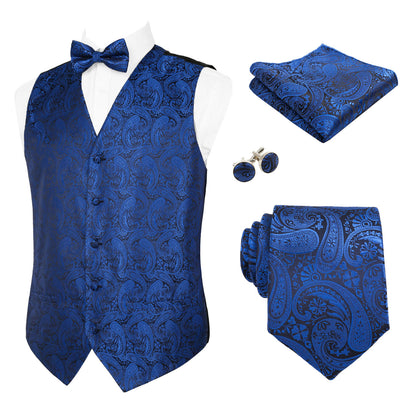 Men's 5pcs Paisley Suit Vest Classic Jacquard Button-Down Waistcoat Set, 185-Royal Blue