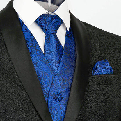 Men's 5pcs Paisley Suit Vest Classic Jacquard Button-Down Waistcoat Set, 185-Royal Blue