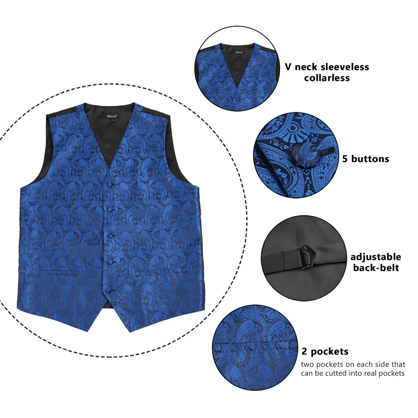 Men's 5pcs Paisley Suit Vest Classic Jacquard Button-Down Waistcoat Set, 185-Royal Blue