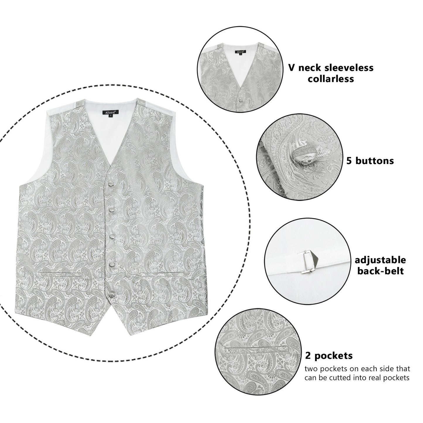 Men's 5pcs Paisley Suit Vest Classic Jacquard Button-Down Waistcoat Set, 185-Silver