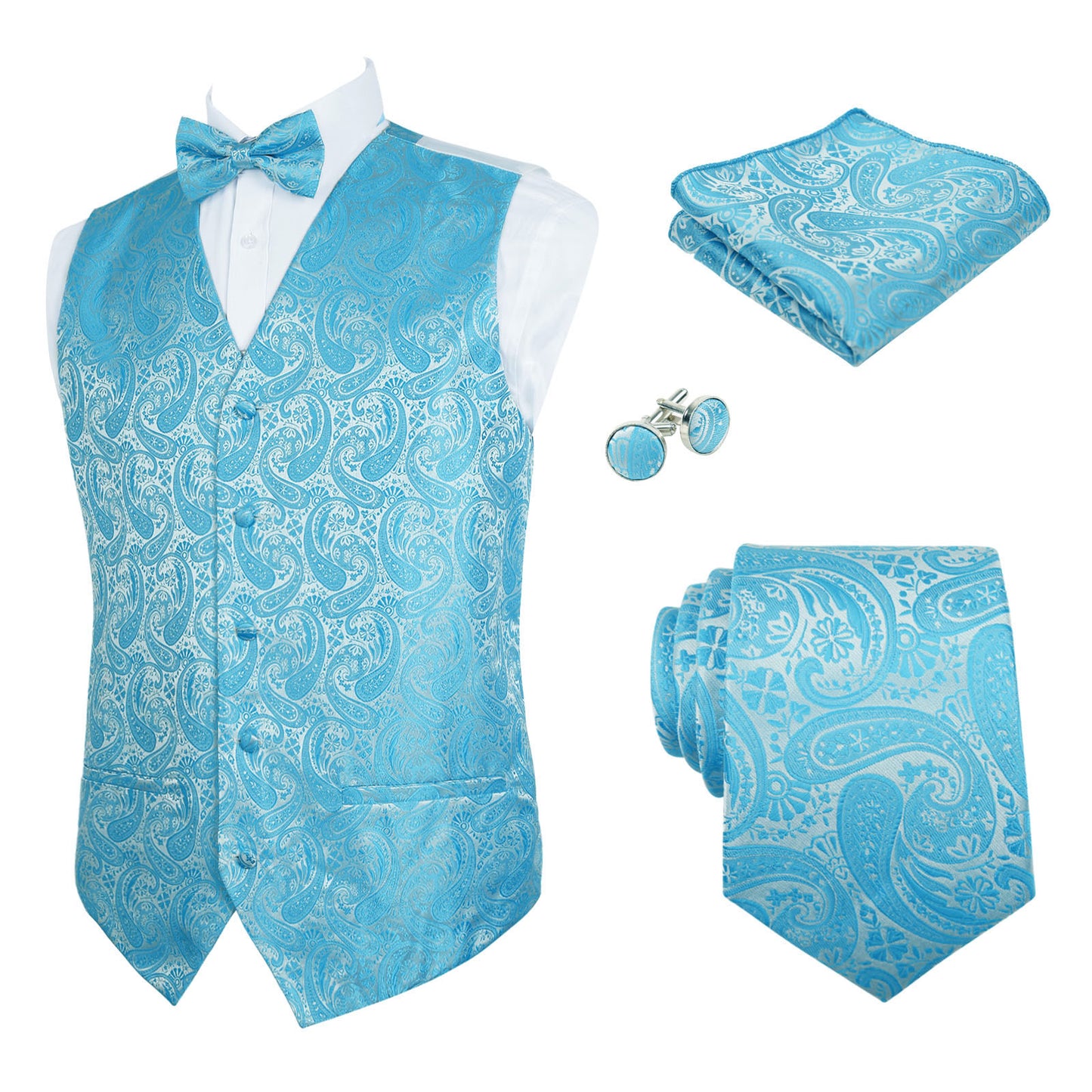 Men's 5pcs Paisley Suit Vest Classic Jacquard Button-Down Waistcoat Set, 185-Turquoise