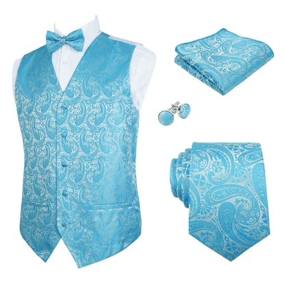 Men's 5pcs Paisley Suit Vest Classic Jacquard Button-Down Waistcoat Set, 185-Turquoise
