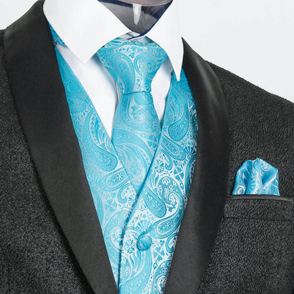 Men's 5pcs Paisley Suit Vest Classic Jacquard Button-Down Waistcoat Set, 185-Turquoise