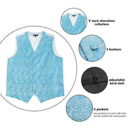 Men's 5pcs Paisley Suit Vest Classic Jacquard Button-Down Waistcoat Set, 185-Turquoise