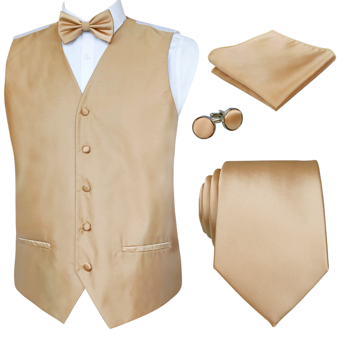 Men's Classic 5 Pcs Solid Color Satin Suit Vest Set, 187-Champagne