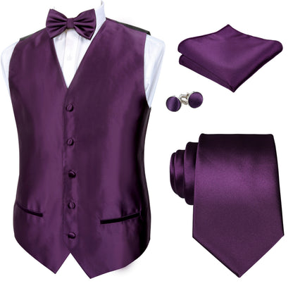 Men's Classic 5 Pcs Solid Color Satin Suit Vest Set, 187-Dark Purple