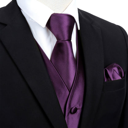 Men's Classic 5 Pcs Solid Color Satin Suit Vest Set, 187-Dark Purple