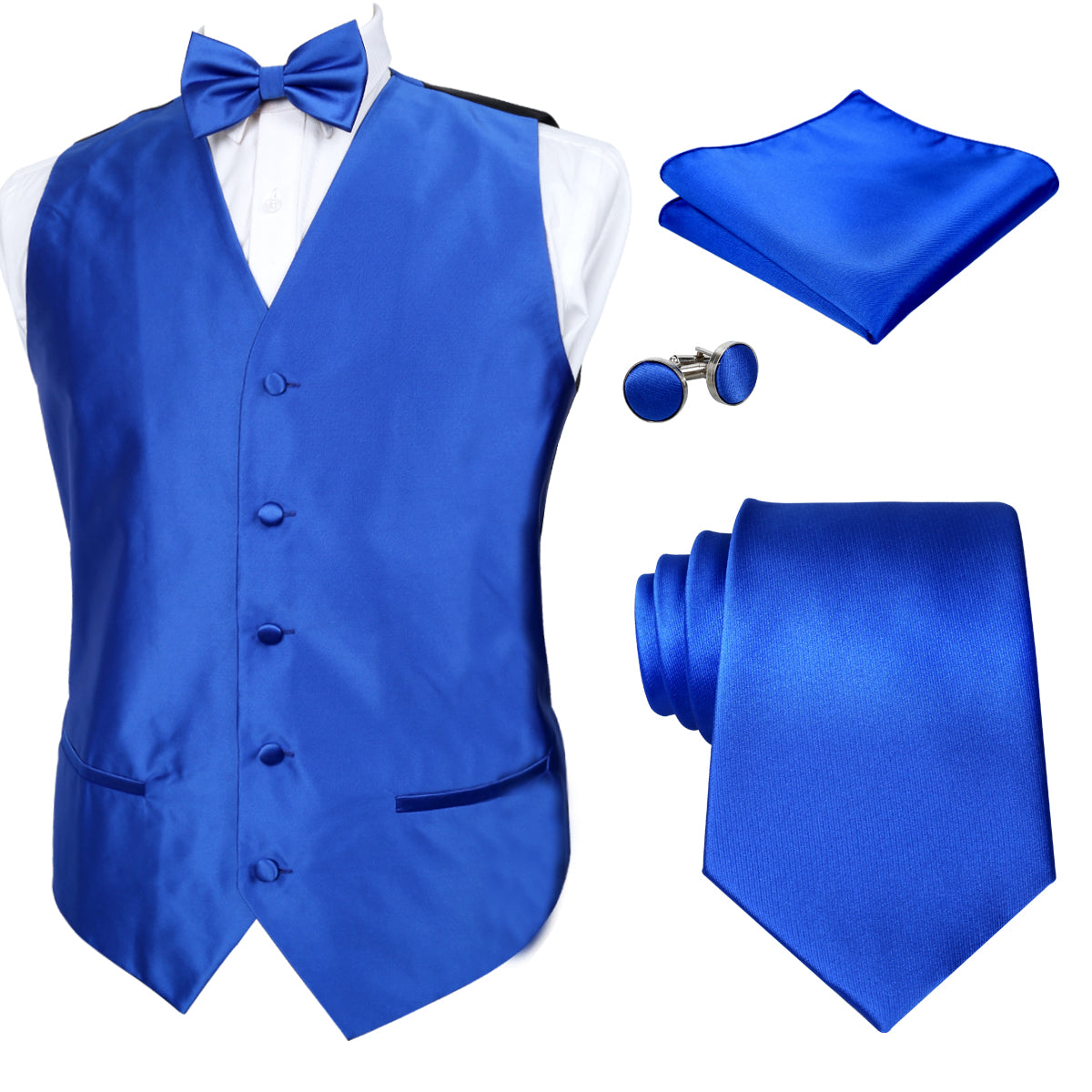 Men's Royal Blue Satin Waistcoat Pre-tied Bow Tie Necktie Pocket Square and Cufflinks Set AM187