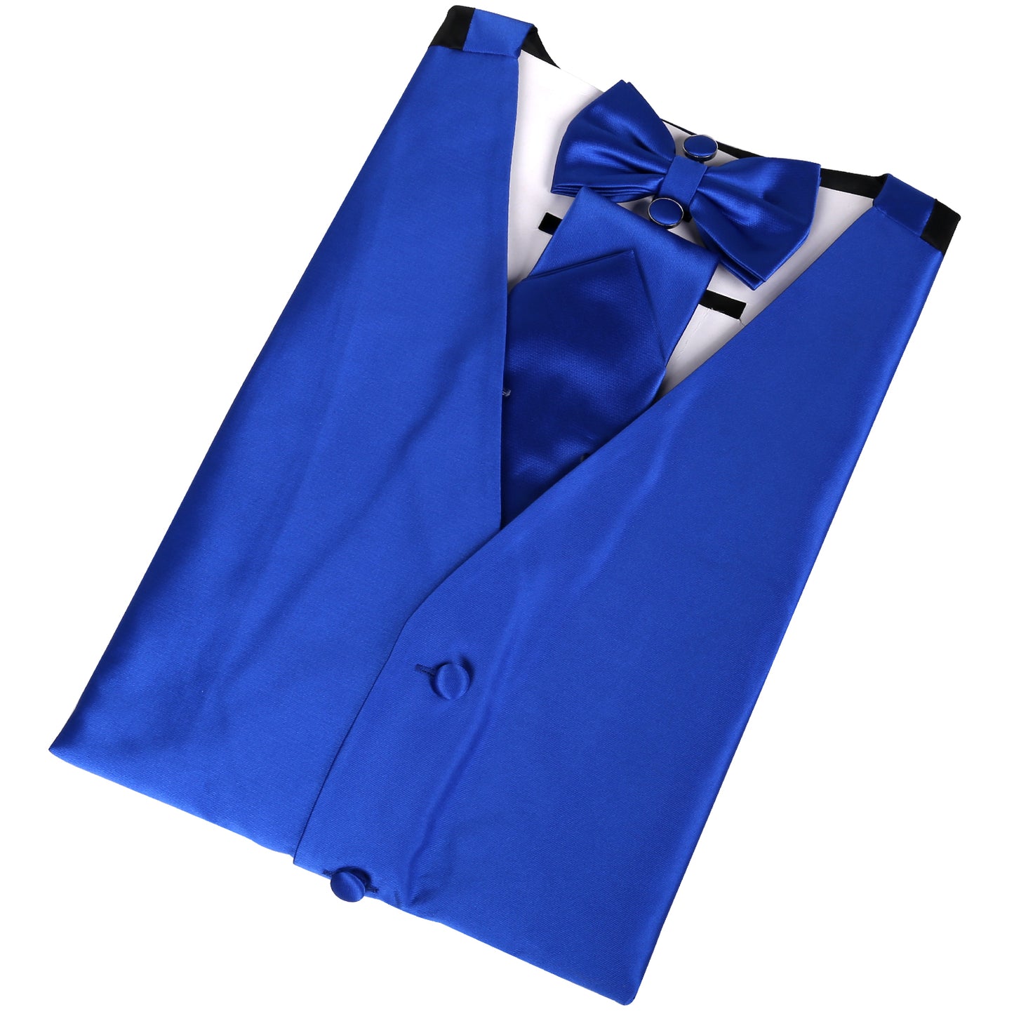 Men's Royal Blue Satin Waistcoat Pre-tied Bow Tie Necktie Pocket Square and Cufflinks Set AM187