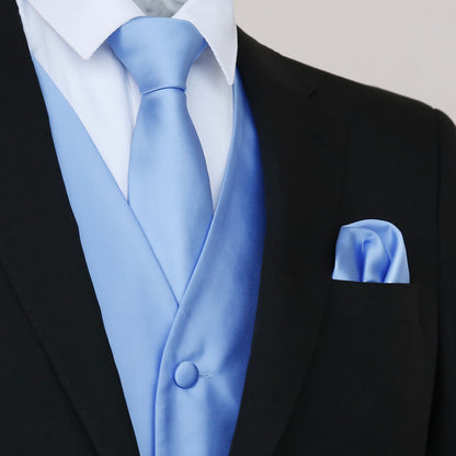 Men's Classic 5 Pcs Solid Color Satin Suit Vest Set, 187-Light Blue