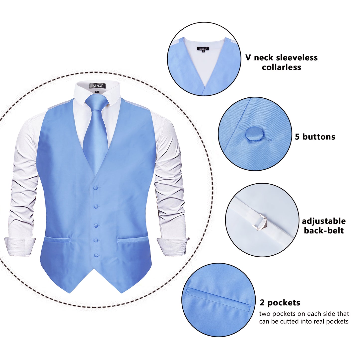 Men's Classic 5 Pcs Solid Color Satin Suit Vest Set, 187-Light Blue