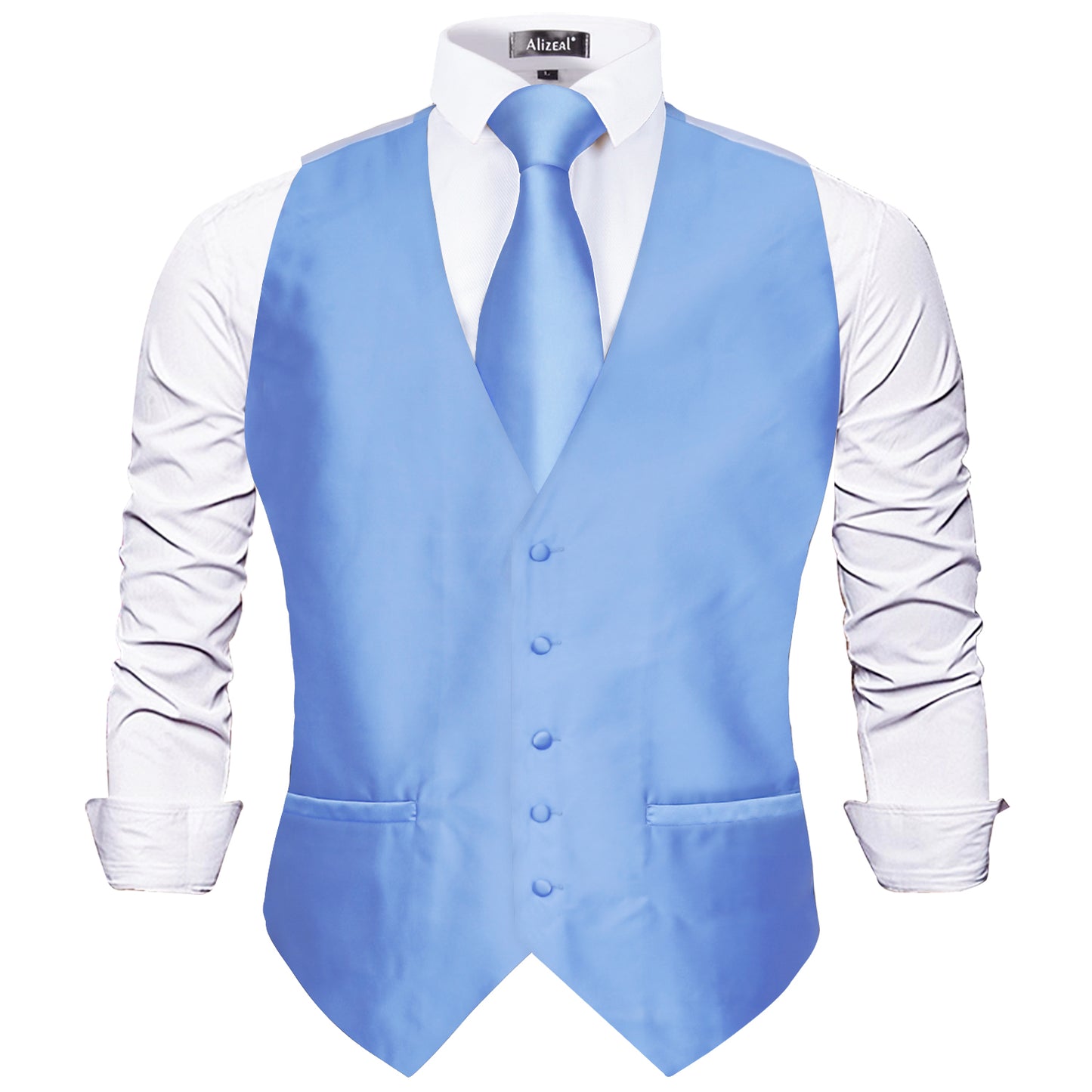 Men's Classic 5 Pcs Solid Color Satin Suit Vest Set, 187-Light Blue