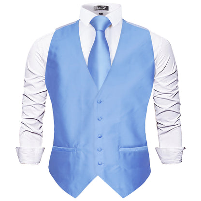 Men's Classic 5 Pcs Solid Color Satin Suit Vest Set, 187-Light Blue