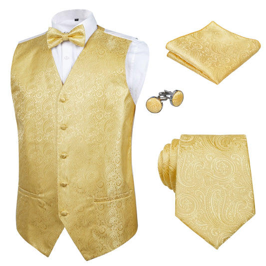 Men's Classic 5 Pcs Paisley Jacquard Suit Vest Set, 189-Golden