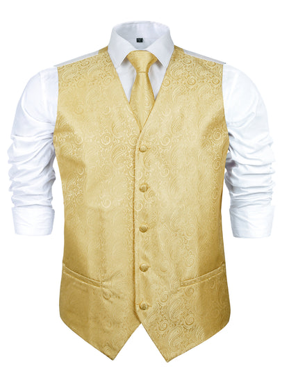 Men's Classic 5 Pcs Paisley Jacquard Suit Vest Set, 189-Golden