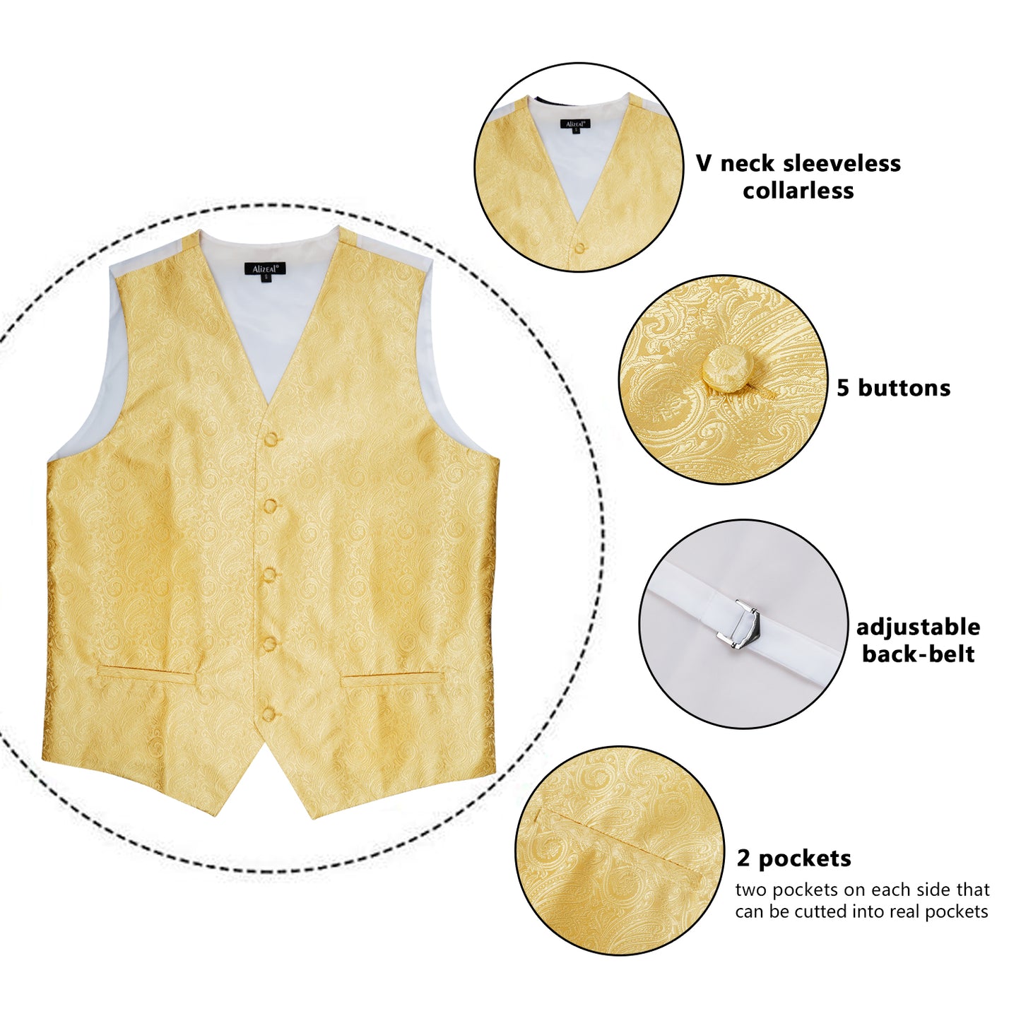 Men's Classic 5 Pcs Paisley Jacquard Suit Vest Set, 189-Golden