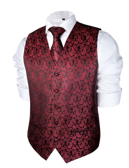 Men's Wedding Paisley Suit Vest, Pre-tied Bow Tie, 9cm Necktie, Cufflinks and Pocket Square Set, 189-Maroon