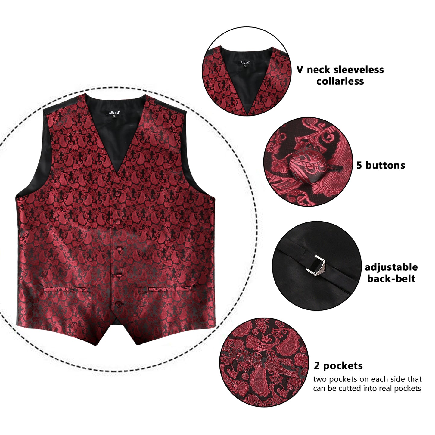 Men's Wedding Paisley Suit Vest, Pre-tied Bow Tie, 9cm Necktie, Cufflinks and Pocket Square Set, 189-Maroon