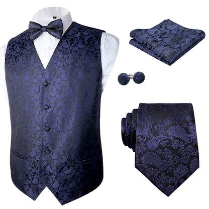 Men's 5pc Tuxedo Vest, Pre-tied Bow Tie, 9cm Necktie, Cufflinks and Hanky Set for Business Wedding Party, 189-Navy