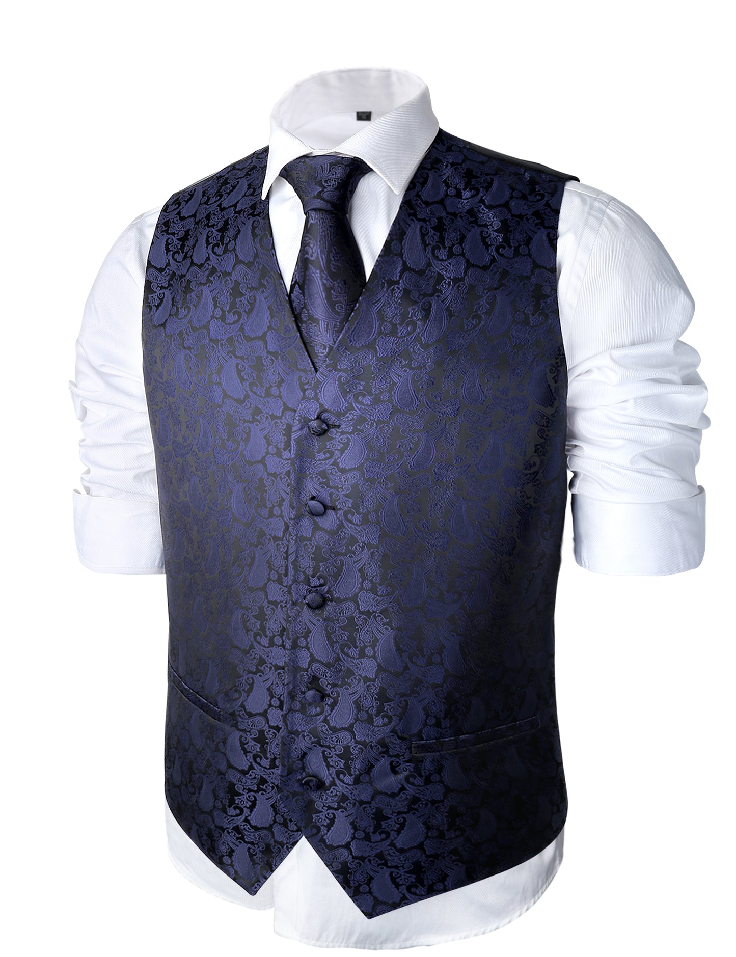 Men's 5pc Tuxedo Vest, Pre-tied Bow Tie, 9cm Necktie, Cufflinks and Hanky Set for Business Wedding Party, 189-Navy