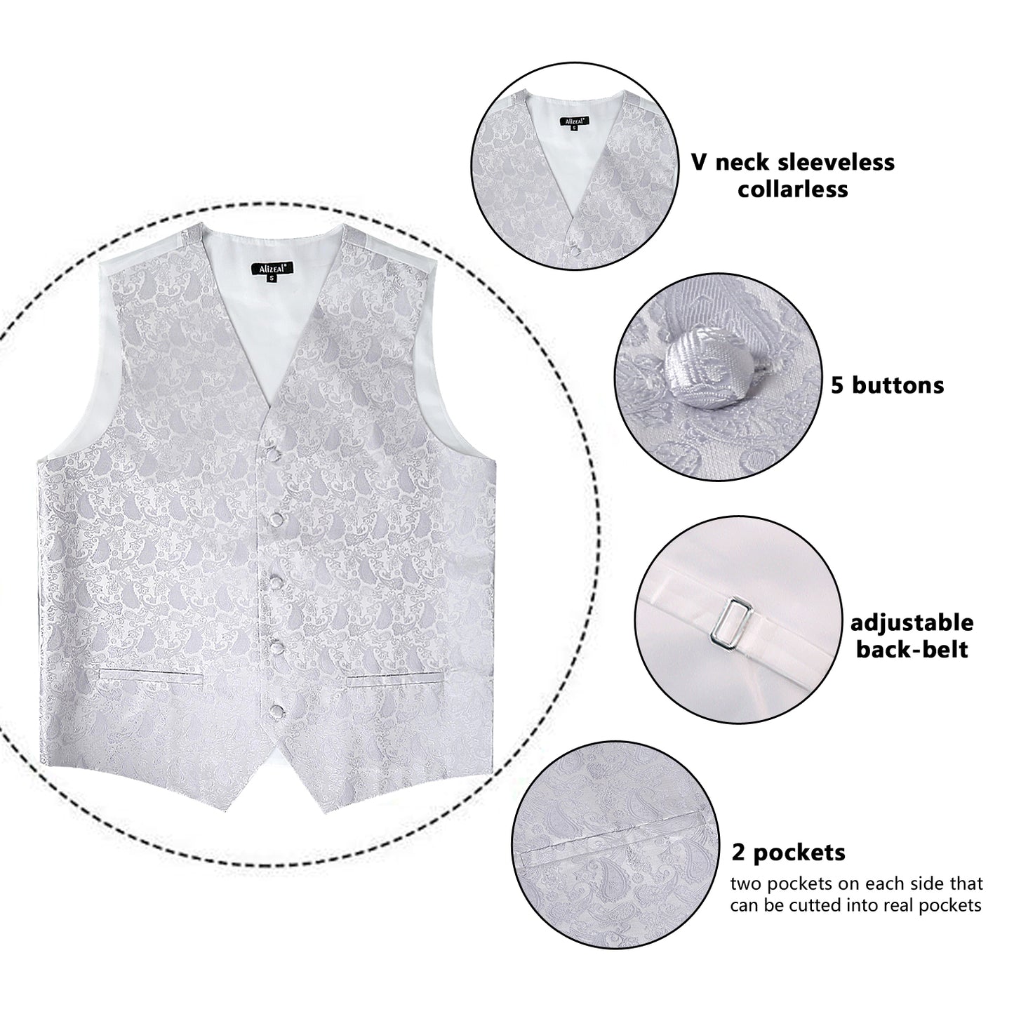 Men's Paisley Jacquard Single Breasted V-Neck Tuxedo Vest, Pre-tied Bow Tie, 9cm Necktie, Cufflinks and Pocket Square Set, 189-Silver
