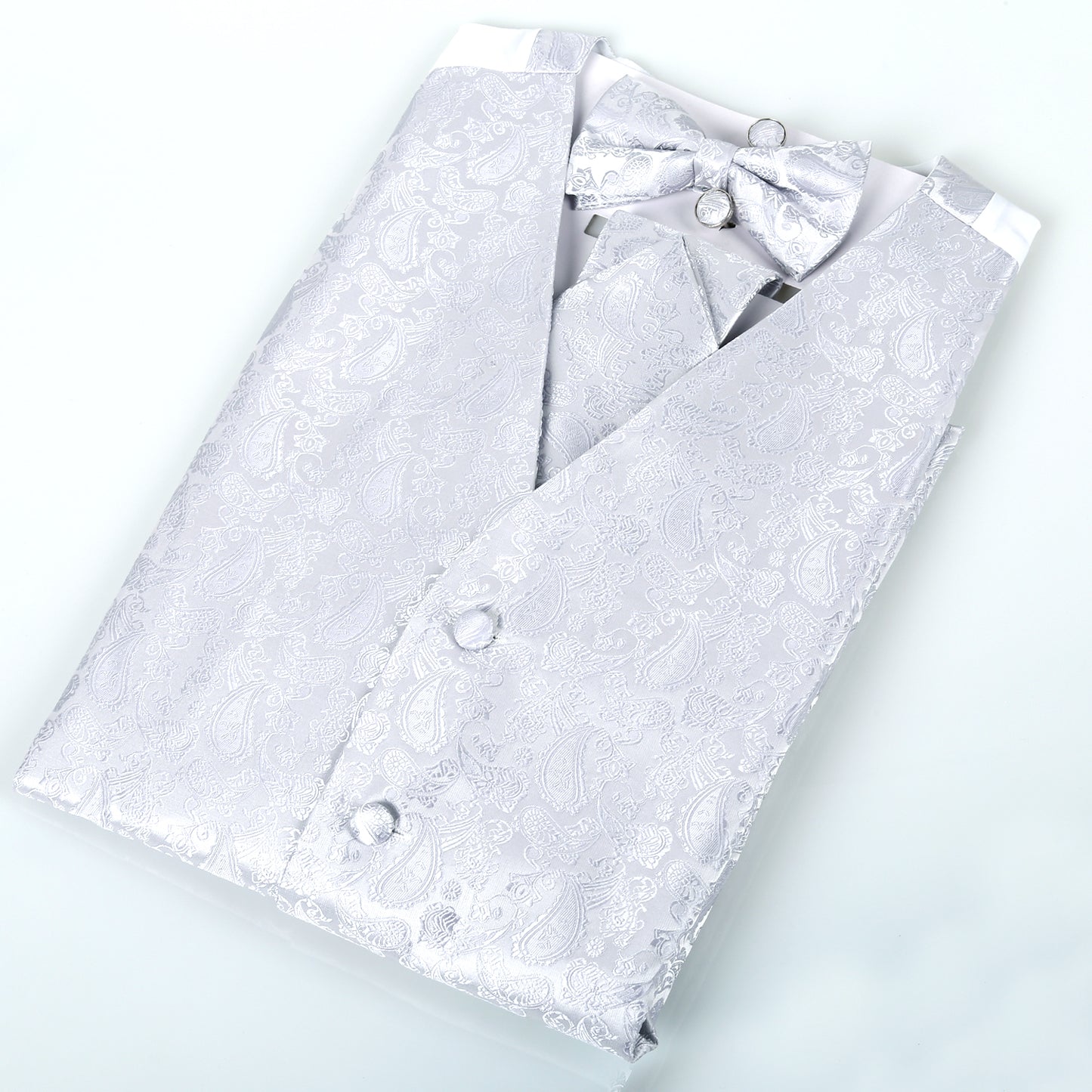 Men's Paisley Jacquard Single Breasted V-Neck Tuxedo Vest, Pre-tied Bow Tie, 9cm Necktie, Cufflinks and Pocket Square Set, 189-Silver